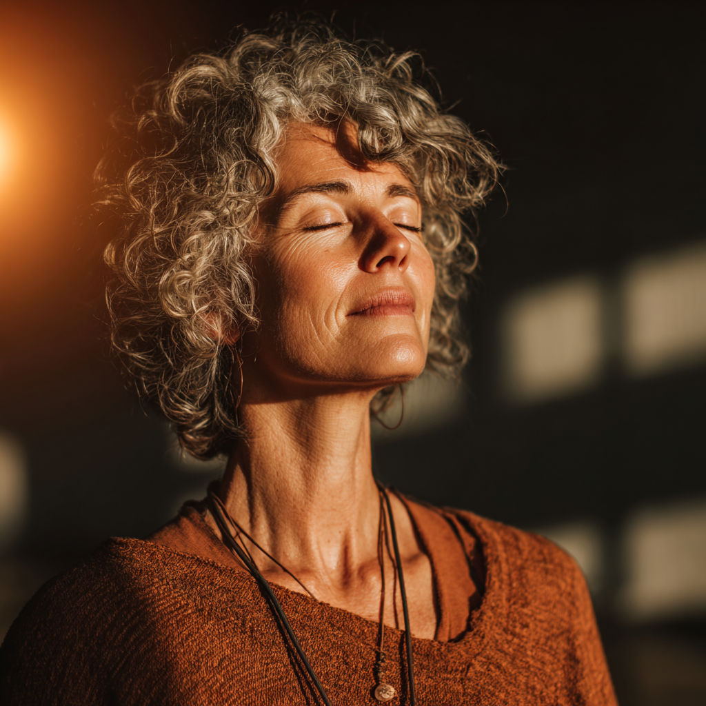 A serene woman in her late 40s practicing yoga tree pose in a bright sunlit studio, wearing comfortable earth-toned clothing, eyes closed in peaceful meditation with natural light streaming through windows